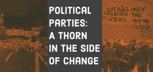 Political Parties:A Thorn in the side of change banner image featuring protest at detention centre, graffiti and black bloc