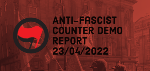 banner with anti-fascist action logo, title and background image from demonstration