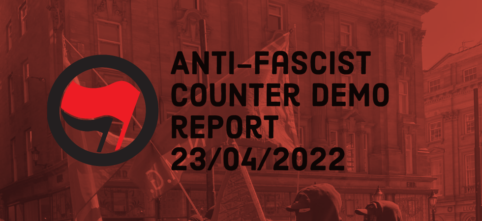 banner with anti-fascist action logo, title and background image from demonstration