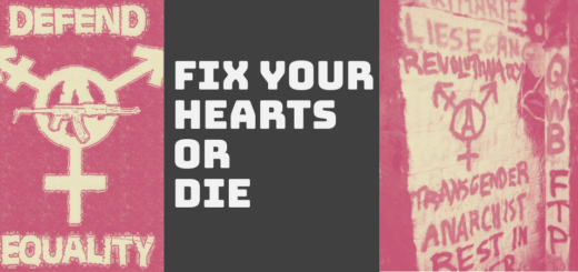 Image reads "Fix yor hearts or die" with images of "Defend Equality" and Trans Rights Demos